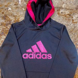Black adidas hoodie with pink sparkly logo